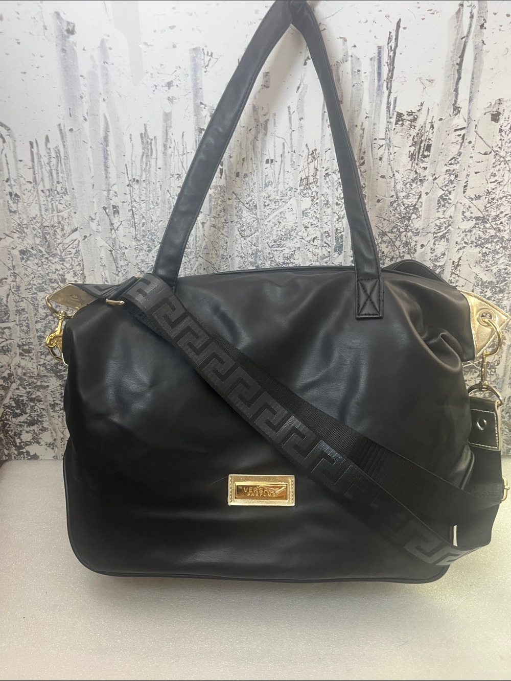 Versace Parfums Black Tote Bag with Greek Key Crossbody Strap